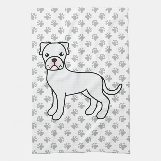 White Boxer Cute Cartoon Dog & Paws Tea Towel (Vertical)