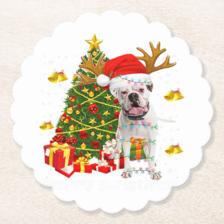 White Boxer Dog Christmas Lights Tree Santa hat Paper Coaster