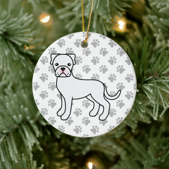 White Boxer Dog Cute Illustration & Paws Ceramic Ornament (Tree)