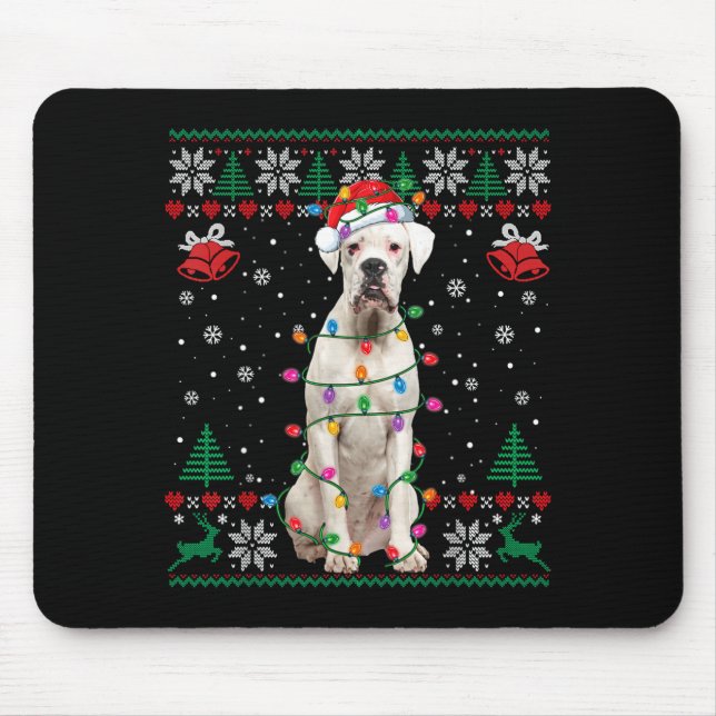White Boxer Dog Ugly Christmas Sweater Funny Xmas  Mouse Pad (Front)