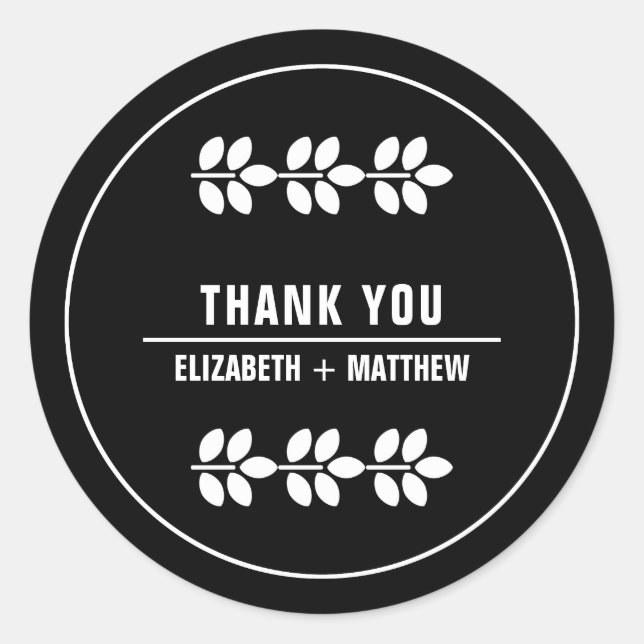 White Branches Black Wedding Thank You  Classic Round Sticker (Front)