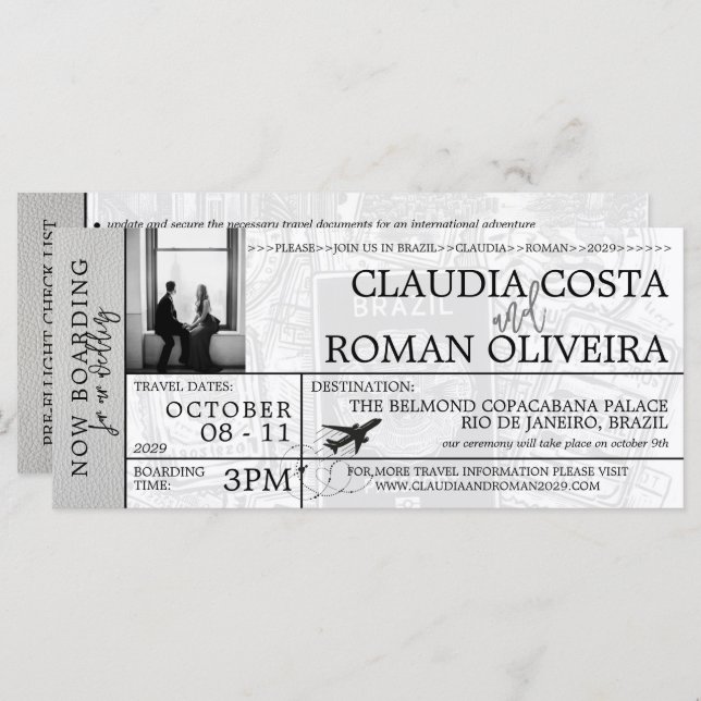White Brazil Wedding Boarding Pass Invitation (Front/Back)