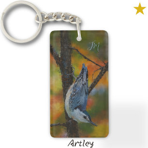 White Breasted Nuthatch Bird Painting Initials Key Ring