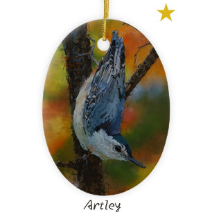 White Breasted Nuthatch Bird Painting Year Ceramic Ornament