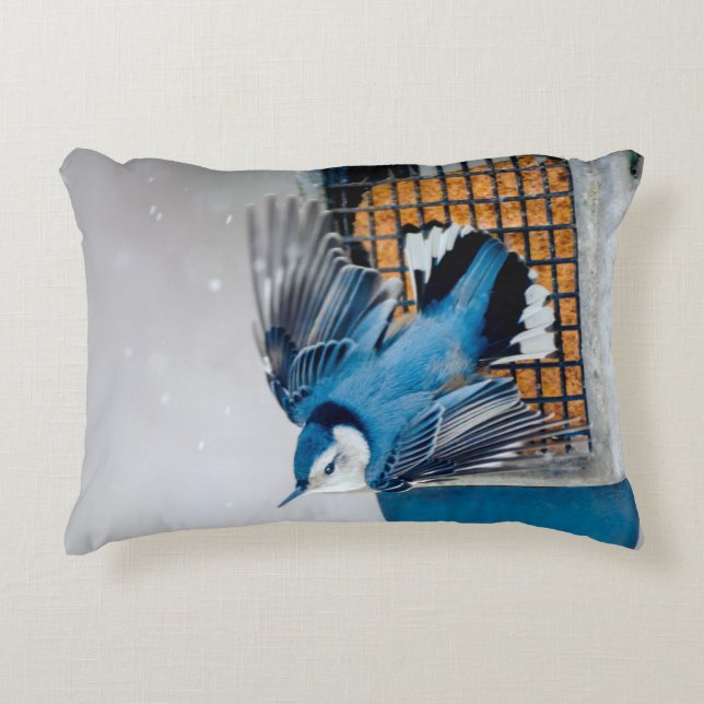 White-Breasted Nuthatch in Snow - Original Photo Decorative Cushion (Front)
