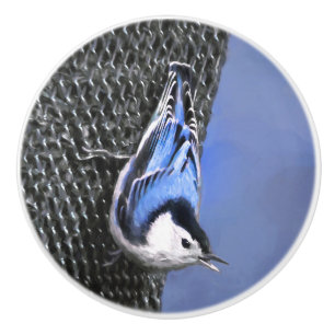 White-Breasted Nuthatch Painting Original Bird Art Ceramic Knob