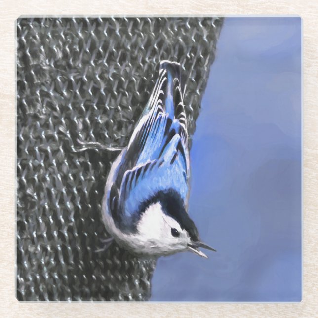 White-Breasted Nuthatch Painting Original Bird Art Glass Coaster (Front)