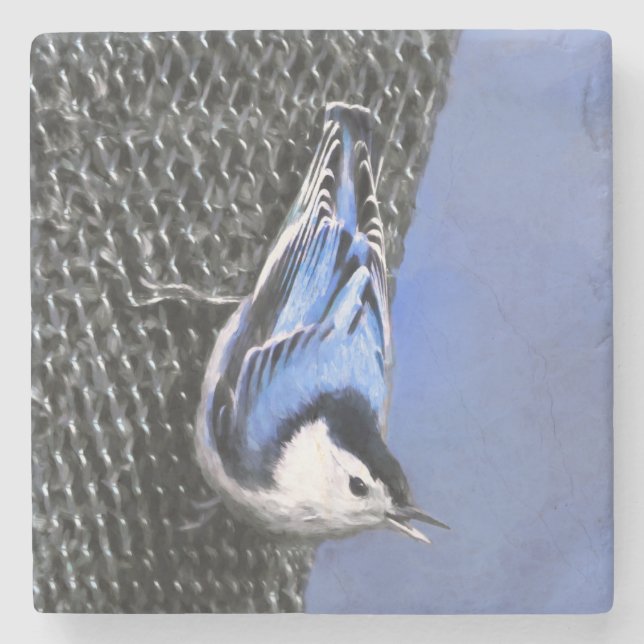 White-Breasted Nuthatch Painting Original Bird Art Stone Coaster (Front)