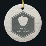 White Brick Chalkboard Inspired Apple Teacher Ceramic Ornament<br><div class="desc">chalkboard inspired hexagon with apple and teacher's name over a white brick background.</div>