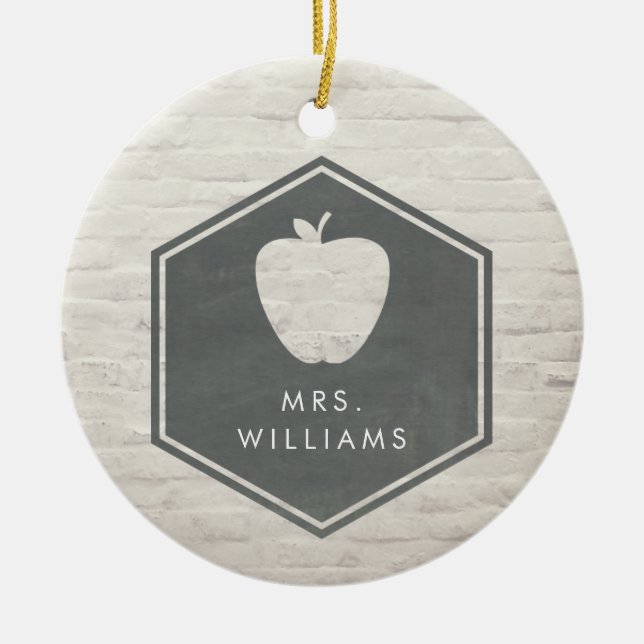 White Brick Chalkboard Inspired Apple Teacher Ceramic Ornament (Front)