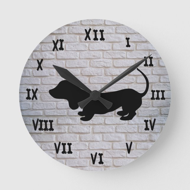 White Brick Dachshund Silhouette Wall Clock (Front)