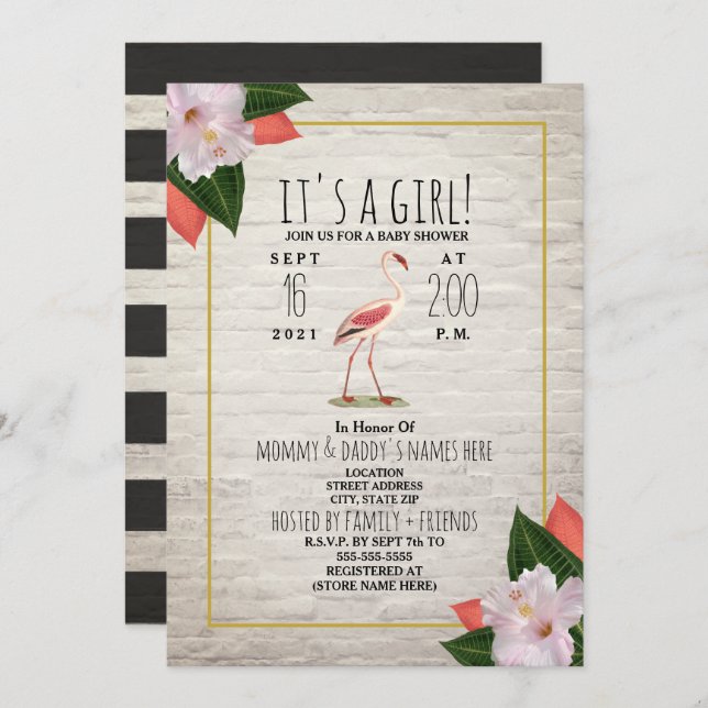 White Brick Flamingo Tropical Boho Baby Shower Invitation (Front/Back)