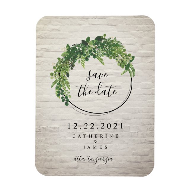 White Brick Inspired Botanical Save The Date Magnet (Vertical)