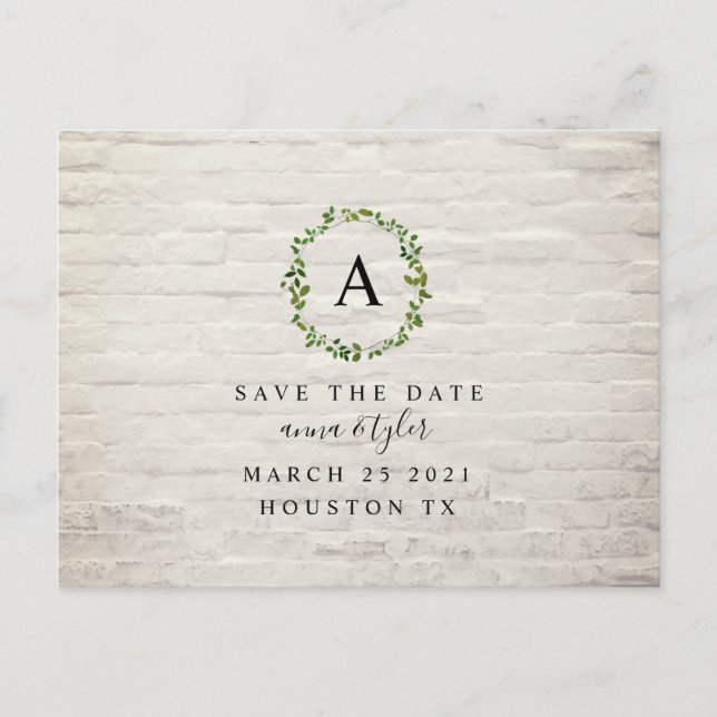 White Brick Monogram Wreath Wedding Save The Date Announcement Postcard (Front)