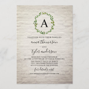 White Brick Wreath Monogram Virtual Wedding Invitation