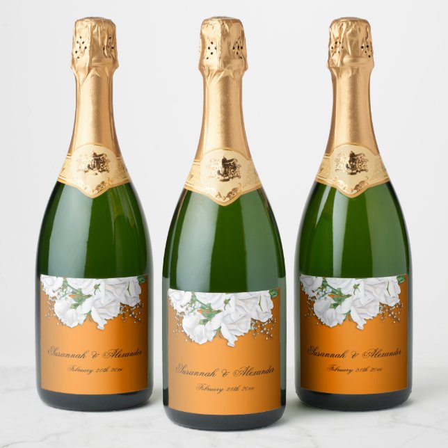 White Bridal Bouquet and Tangerine Wedding Sparkling Wine Label (Bottles)