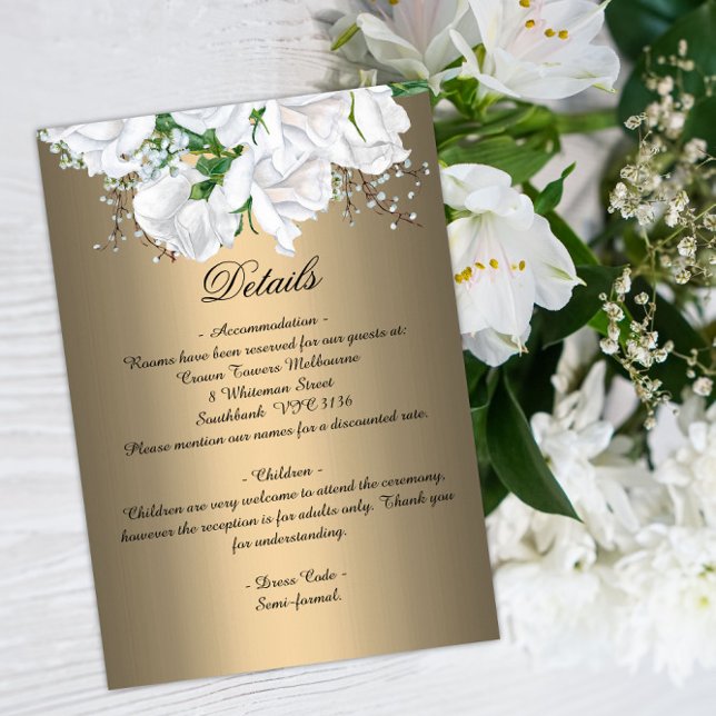 White Bridal Bouquet Roses on Gold Wedding Enclosure Card (Creator Uploaded)