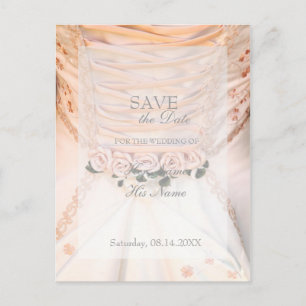 White Bridal Dress with Roses SAVE THE DATE Announcement Postcard
