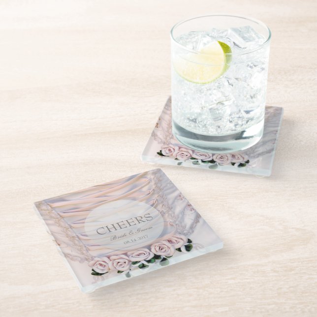 White Bridal Dress with Roses Wedding Cheers Glass Coaster (Angled)
