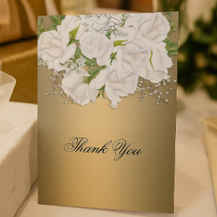White Bridal Rose Bouquet, Gold Wedding Thank You Card