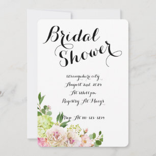 white bridal shower invitation with floral design
