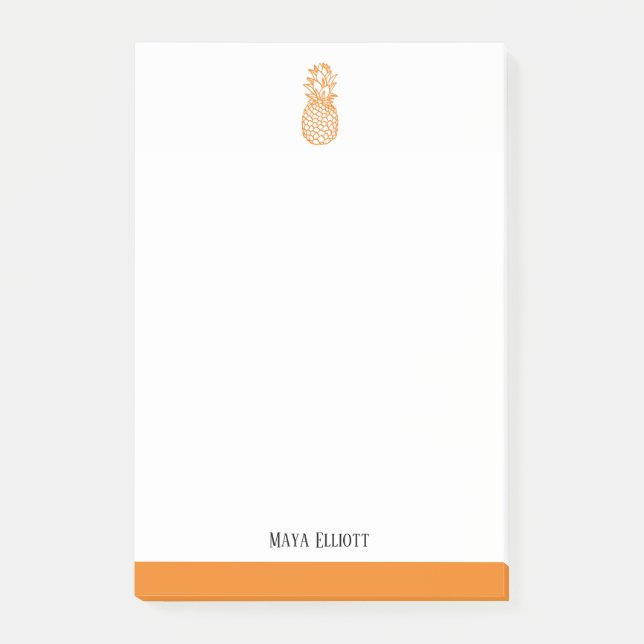 White & Bright Orange Pineapple & Border, Name Post-it Notes (Front)