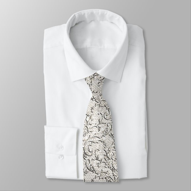 White Brocade Damask Tie (Tied)