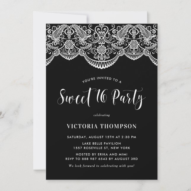 White Brocade Lace Black Sweet 16 Party Invitation (Front)