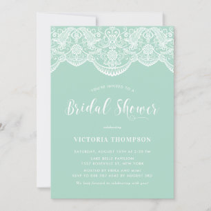 White Brocade Lace Mint Green Bridal Shower Invitation