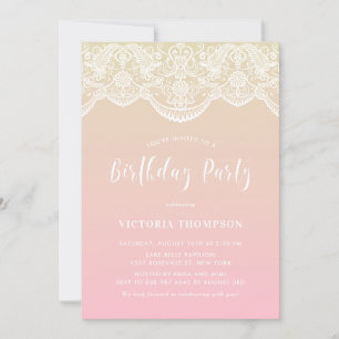 White Brocade Lace Pink Ombre Birthday Party Invitation