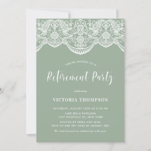 White Brocade Lace Sage Green Retirement Party Invitation