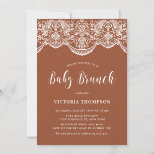 White Brocade Lace Terracotta Baby Brunch Invitation