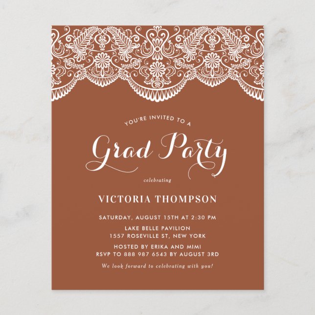 White Brocade Lace Terracotta Graduation Invite (Front)