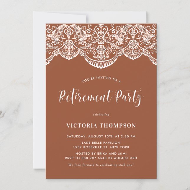 White Brocade Lace Terracotta Retirement Party Invitation (Front)