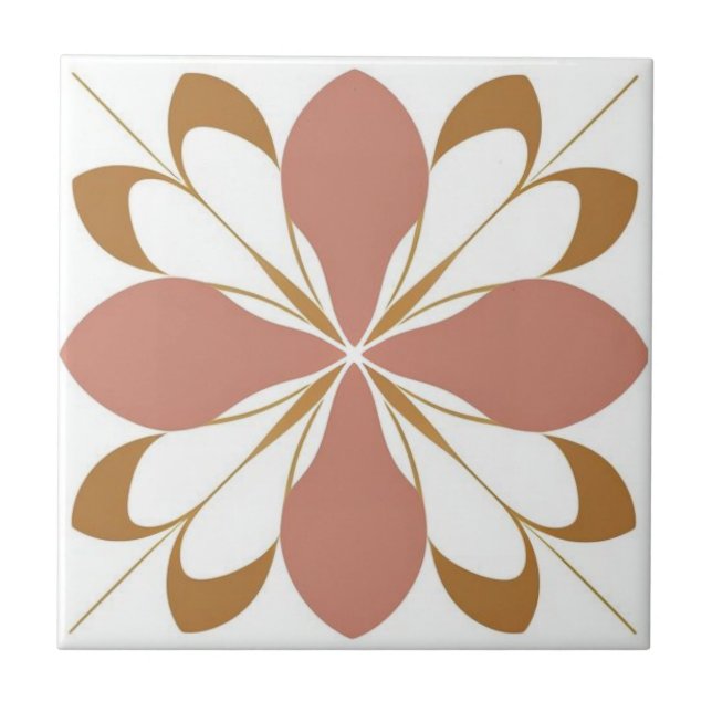 White, brown and pink floral ceramic tile (Front)