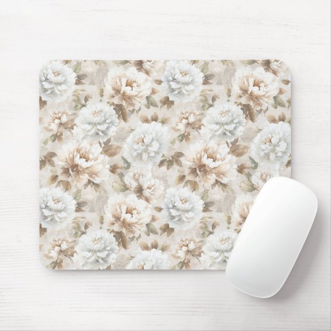 White Brown Flowers Mouse Pad (With Mouse)