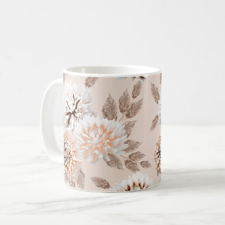 White, brown flowers on a cream background. coffee mug