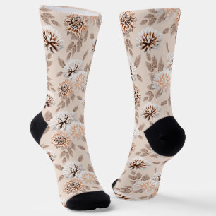White, brown flowers on a cream background. socks