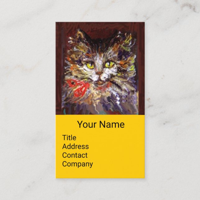 WHITE BROWN KITTY CAT PORTRAIT,RED RIBBON Yellow Business Card (Front)