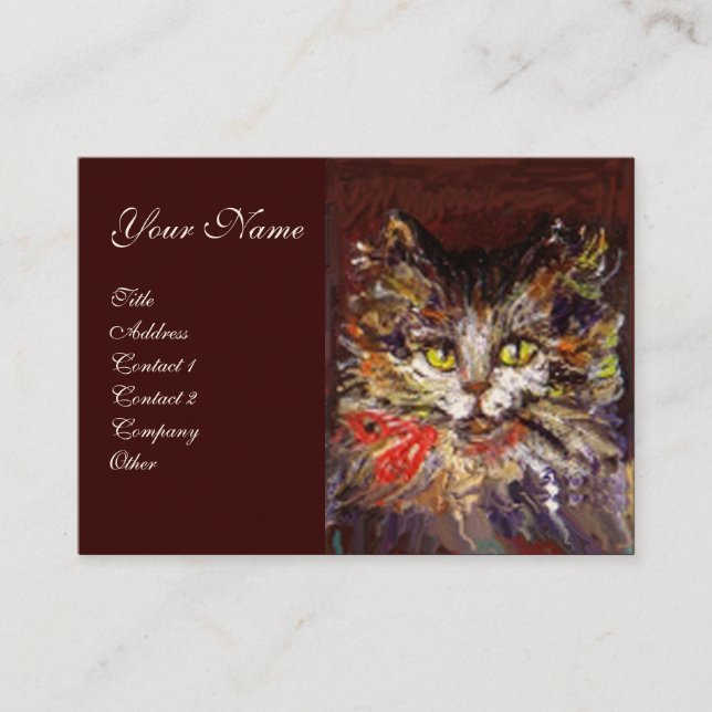 WHITE BROWN KITTY CAT PORTRAIT WITH RED RIBBON BUSINESS CARD (Front)