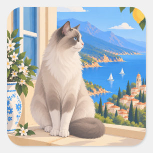 White Brown Ragdoll Mediterranean Cat Square Sticker