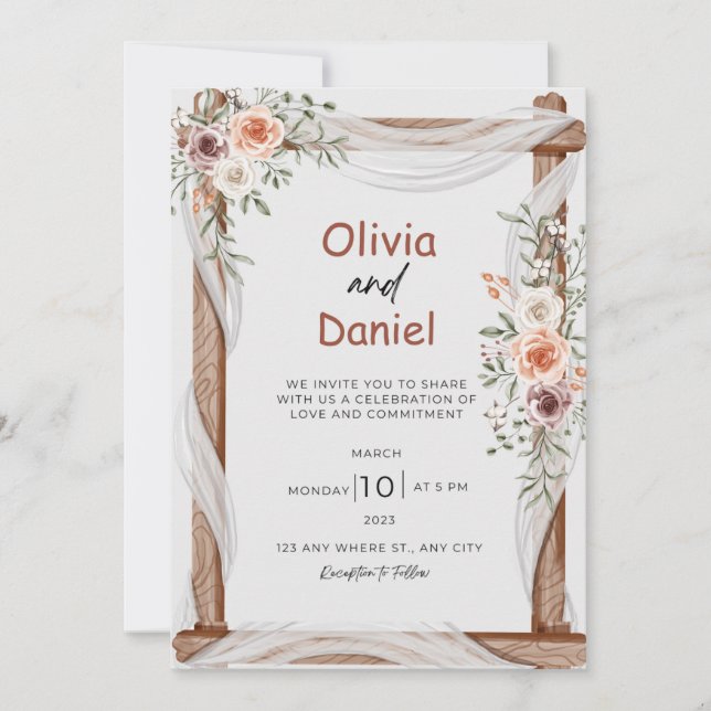 White Brown Rustic Floral Wedding Invitation (Front)