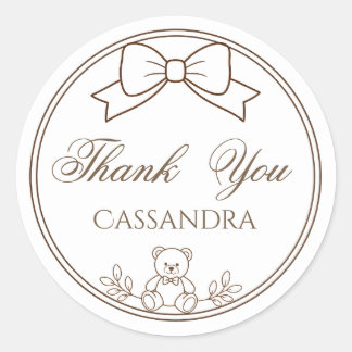 White Brown Teddy Bear Bow Thank You add Name Classic Round Sticker