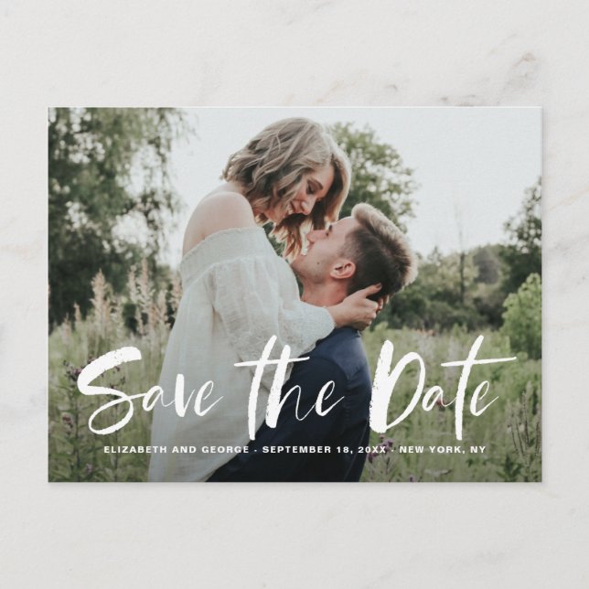 White Brush Hand Lettered Photo Save The Date Announcement Postcard (Front)