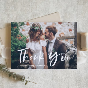 White Brush Hand Lettered Photo Wedding Thank You Card