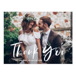 White Brush Hand Lettered Photo Wedding Thank You Postcard