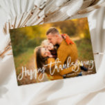 White brush hand written script thanksgiving holiday card<br><div class="desc">A lovely fall design with lovely white rustic script and a family photo with a foliage pattern at the back. You can upload your own image and personalise the text and colours.</div>