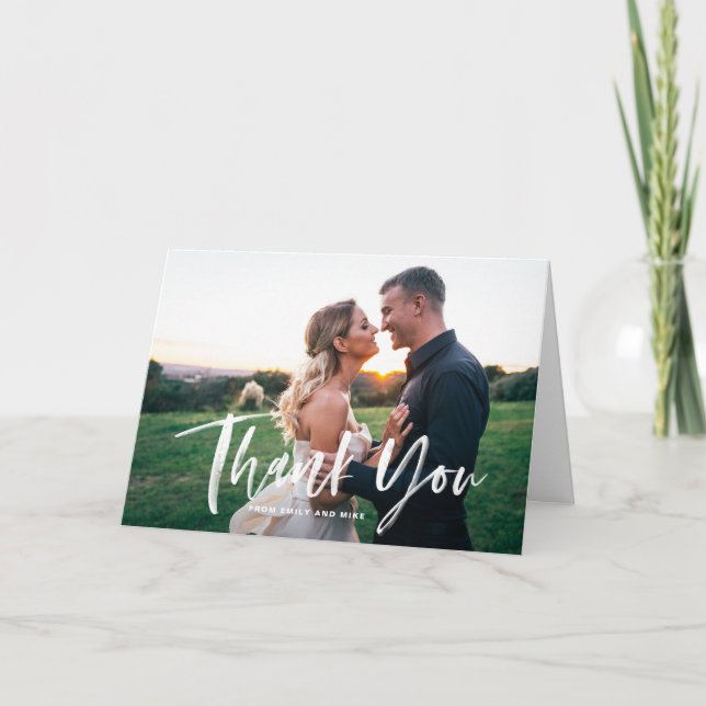 White Brush Lettering Overlay Photo Wedding Thank You Card (Front)