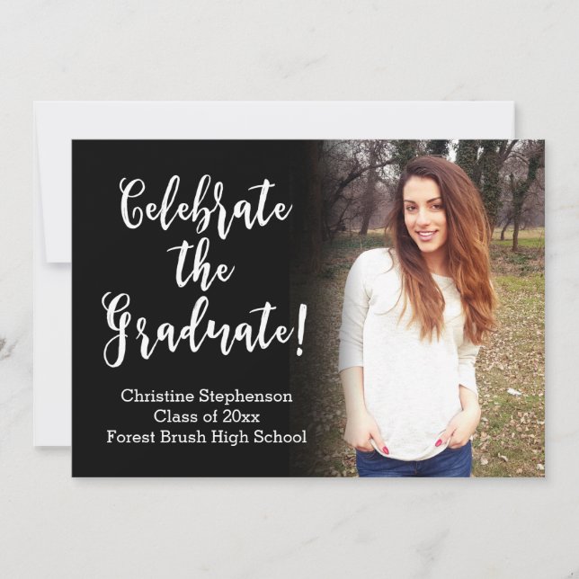 White Brush Script Celebrate Photo Graduation Invitation (Front)