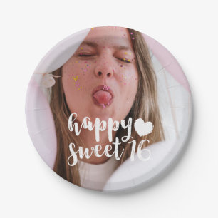 White Brush Script Happy Sweet 16 Photo Paper Plate